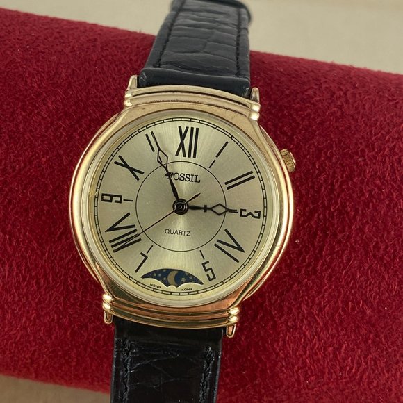 Vintage Rare Very Early Fossil MOON PHASE Gold and Stainless Steel Watch - Picture 4 of 10